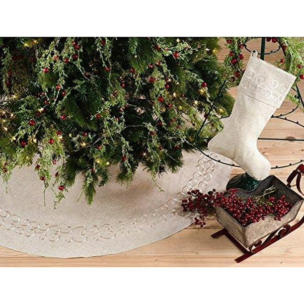 Fennco Styles Embroidered Swirl Design Decorative Linen Blend Christmas Tree Skirt Fennco Styles Embroidered Swirl Design Decorative Linen Blend Christmas Tree Skirt